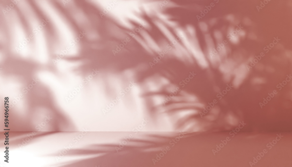Wall mural blurred shadow of palm leaves on a wall with red ligth. abstract minimal background for a product pr
