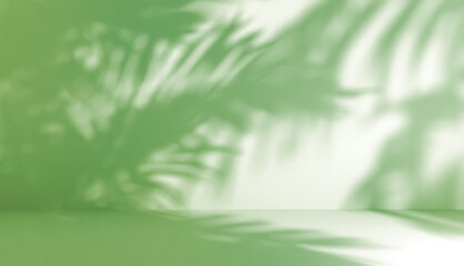 blurred shadow of palm leaves on a white wall with green lights. Abstract minimal background for a product presentation. Summer and spring seasons