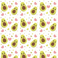Seamless avocado Pattern. Cute avocados and hearts. Kawaii avocado