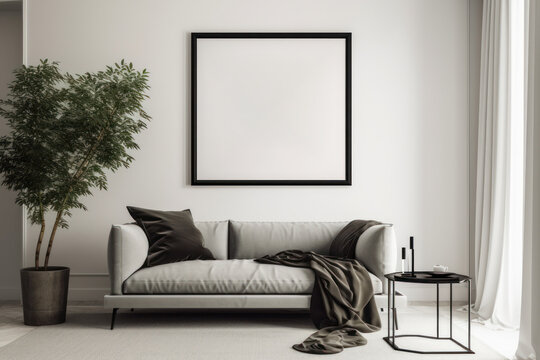 Interior in light colors with picture frames on the wall. Mockup. Generative AI