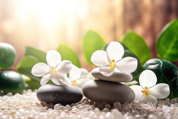 White flowers grey pebble stones and bokeh blurred green nature background spa environment Generative AI Illustration