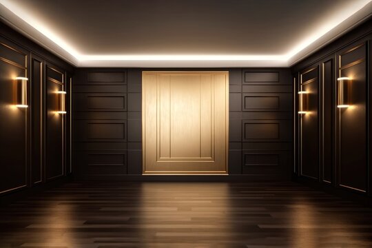 Luxury background of an elegant empty modern room with wood floor and walls with golden edges Generative AI Illustration