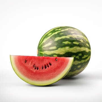 Fresh organic ripe raw whole watermelon and slice on white background Generative AI Illustration