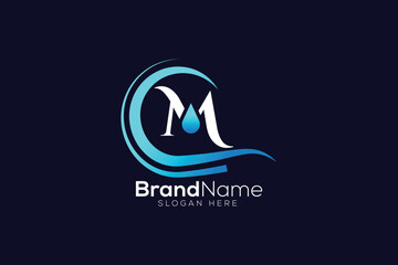 Blue wave logo. Letter M wave and drop logo design template
