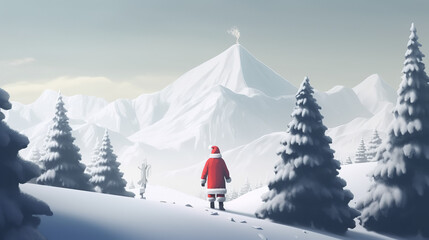 Marry Christmas Dad With Red Cap Going To Christmas Tree In Snow Mountains, Generative Ai