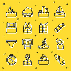 Set line Surfboard, Aqualung, Winner podium, Life jacket, Water volleyball net, Windsurfing and icon. Vector