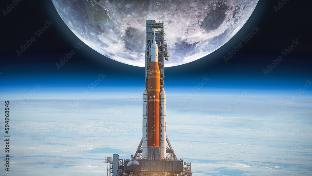 Poster spaceship on launch pad. mission to moon. return on moon. sls space rocket. orion spacecraft. artemi