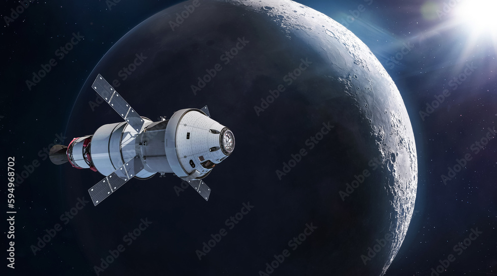 Fototapete orion spacecraft on orbit of moon. spaceship of artemis mission with astronauts near moon orbit. exp
