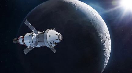 Orion spacecraft on orbit of Moon. Spaceship of Artemis mission with astronauts near Moon orbit. Exploration of our satellite. Return on Moon. Elements of this image furnished by NASA