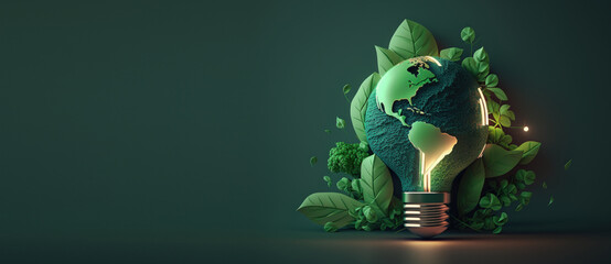 Eco friendly lightbulb banner with copy space, Sustainable and Renewable energy. Generative Ai