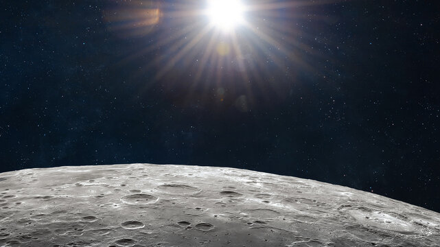 Moon surface in deep bright space. Moon orbit. Lunar landscape. Elements of this image furnished by NASA 