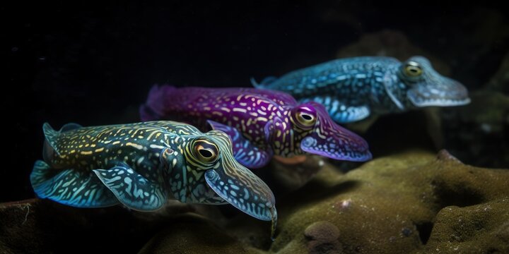 A school of cuttlefish changing colors and patterns to blend into their surroundings, concept of Mimicry behavior, created with Generative AI technology