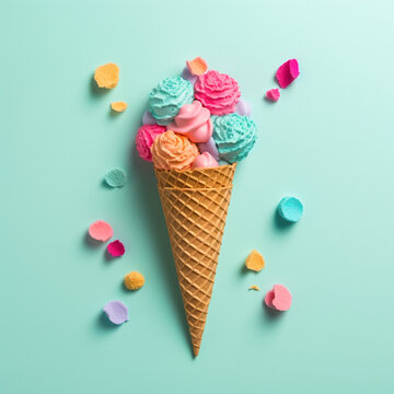 Ice cream with whipped cream on blue minimalist background, top view image. Summer tasty dessert, sundae gelato concept, different flavours.