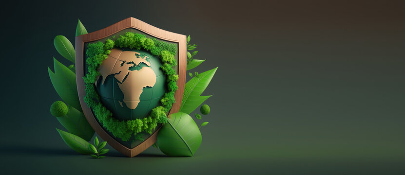 Earth with protection shield banner with copy space, Save the world concept. Generative AI