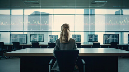 Back view of a businesswoman in the executive offices of a large company in a skyscraper. Generative AI