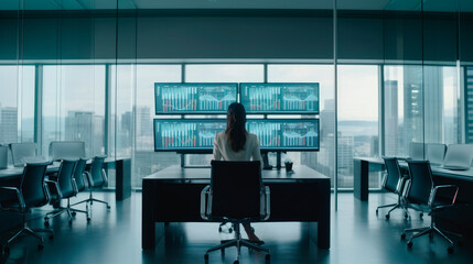 Back view of a businesswoman in the executive offices of a large company in a skyscraper. Generative AI