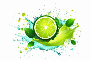 lime with leaves and water splashing around it. Generative AI