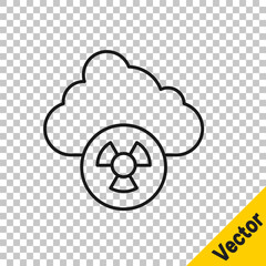 Black line Acid rain and radioactive cloud icon isolated on transparent background. Effects of toxic air pollution on the environment. Vector