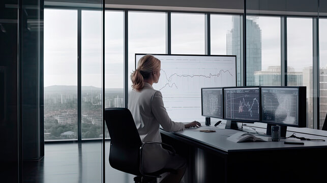 Back view of a businesswoman in the executive offices of a large company in a skyscraper. Generative AI