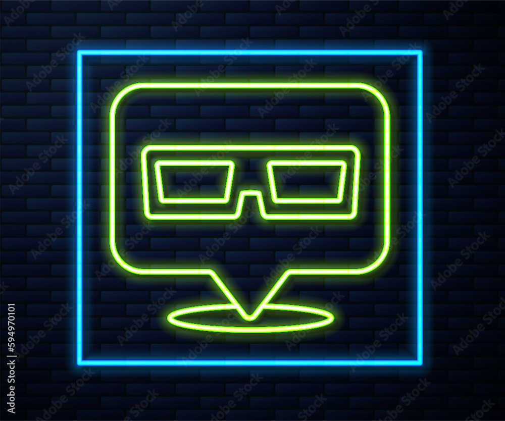 Wall mural glowing neon line 3d cinema glasses icon isolated on brick wall background. vector