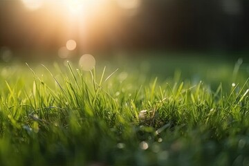 Naklejka premium vibrant green grass field with the sun setting in the background. Generative AI