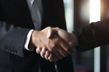 Businessman handshake concept on blurred background, closeup