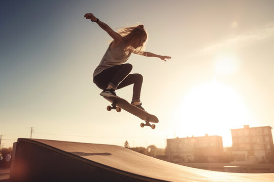 A woman skateboarding in a skate park, ai generative