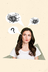 Vertical collage of young girl minded thoughts questioned about solving problems no idea look curious hmm isolated on beige background