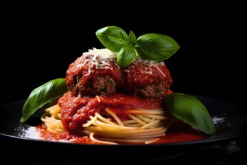 delicious plate of spaghetti topped with meatballs and tomato sauce. Generative AI - obrazy, fototapety, plakaty