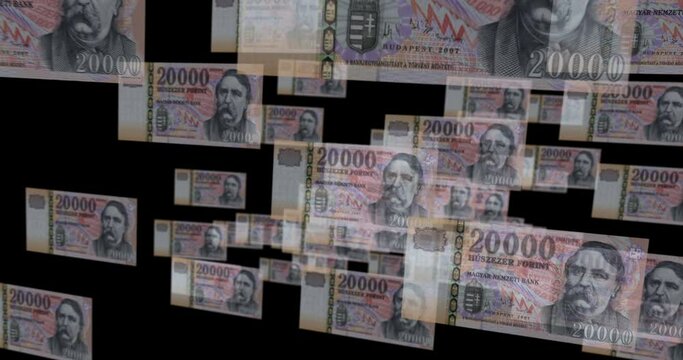 Hungarian Forint 20000 HUF banknote loop. Flying between transparent money Hungary note. 3D seamless looped abstract concept of business, economy, finance, crisis and banking.