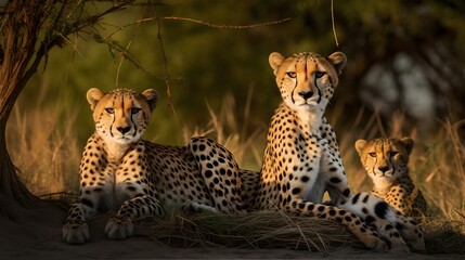 Naklejka premium A mother cheetah and her cubs resting in the shade Generative AI