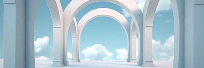 Beautiful abstract colorful corridor with color arch on a sky and cloud background. 3D render composition. Generate AI.