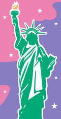 Fototapeta na wymiar Statue of Liberty on the background of the American flag, vector illustration in pastel colors, die-cut sticker.