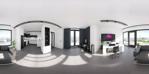 panoramic 360 degree 3D rendering with livingroom, kitchen and dining area - obrazy, fototapety, plakaty