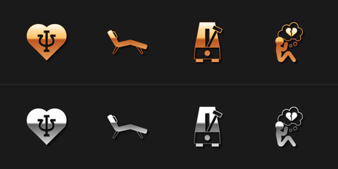 Set Psychology, Psi, Armchair, Metronome with pendulum and Broken heart or divorce icon. Vector