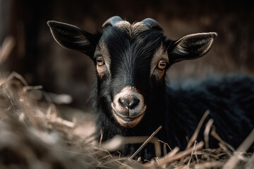 Playful Pygmy Goat Peeking Behind Hay Bale: A Charming Portrait