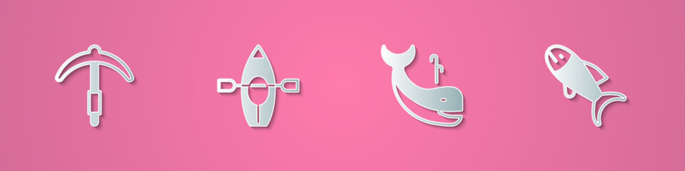 Set paper cut Pickaxe, Kayak and paddle, Whale and Fish icon. Paper art style. Vector