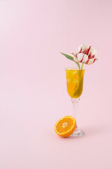 Orange slices with a glass of orange juice with ice and flowers. Creative concept.