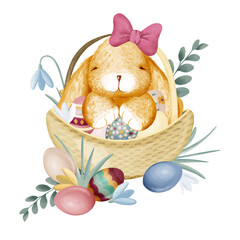 Cute plush fluffy Easter baby bunny or rabbit in a wicker basket with eggs and spring greenery. Cartoon child character. Digital watercolor illustration. Greeting card. Stylized decorative symbol.