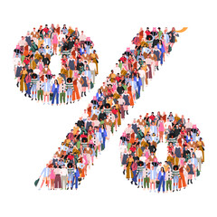 Large group of people in form of Percent sign. People standing together. A crowd of male and female characters. Flat vector illustration isolated on white background.