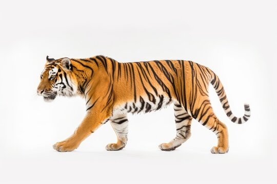 majestic tiger walking on a plain white background. Generative AI