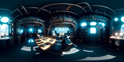Fototapeta na wymiar 360 degree full panorama of cyberpunk spaceship interior HDRI