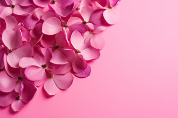 Background of rose petals on a pink background. Top view copy space. Ai generative