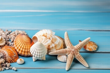 Fototapeta na wymiar summer background with shells and starfish on a blue background. Copy space. Ai generative
