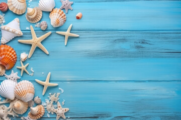 summer background with shells and starfish on a blue background. Copy space. Ai generative