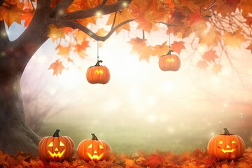 jack o lanterns hanging from a spooky tree. Generative AI