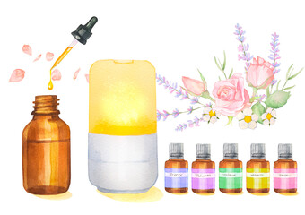 アロマディフューザーと色々な香りのおしゃれな水彩イラスト