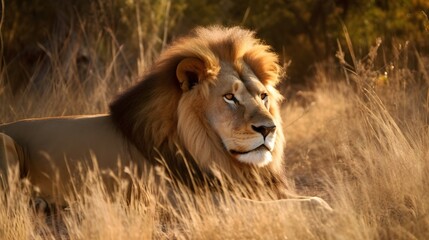 A majestic lion backing in the warm sunlight - obrazy, fototapety, plakaty