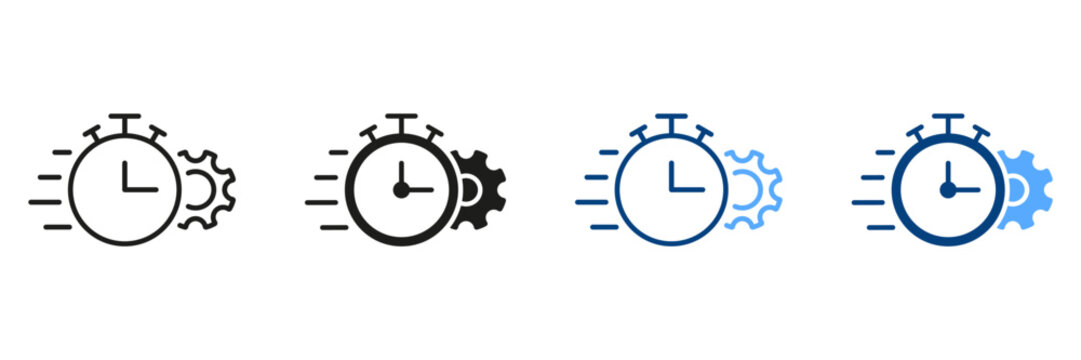 Gear and Clock Line and Silhouette Icon Set. Optimization Process Symbol Collection. Cog Wheel and Watch Deadline, Settings, Control Time and Efficiency Pictogram. Isolated Vector Illustration