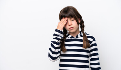 Little caucasian girl isolated on white background with headache